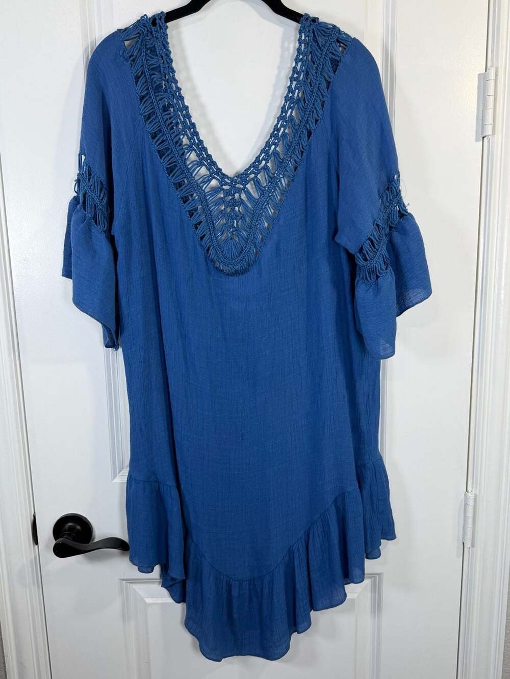 Ekouaer Blue Crochet V-Neck Beach Cover Up Tunic Dress Size M